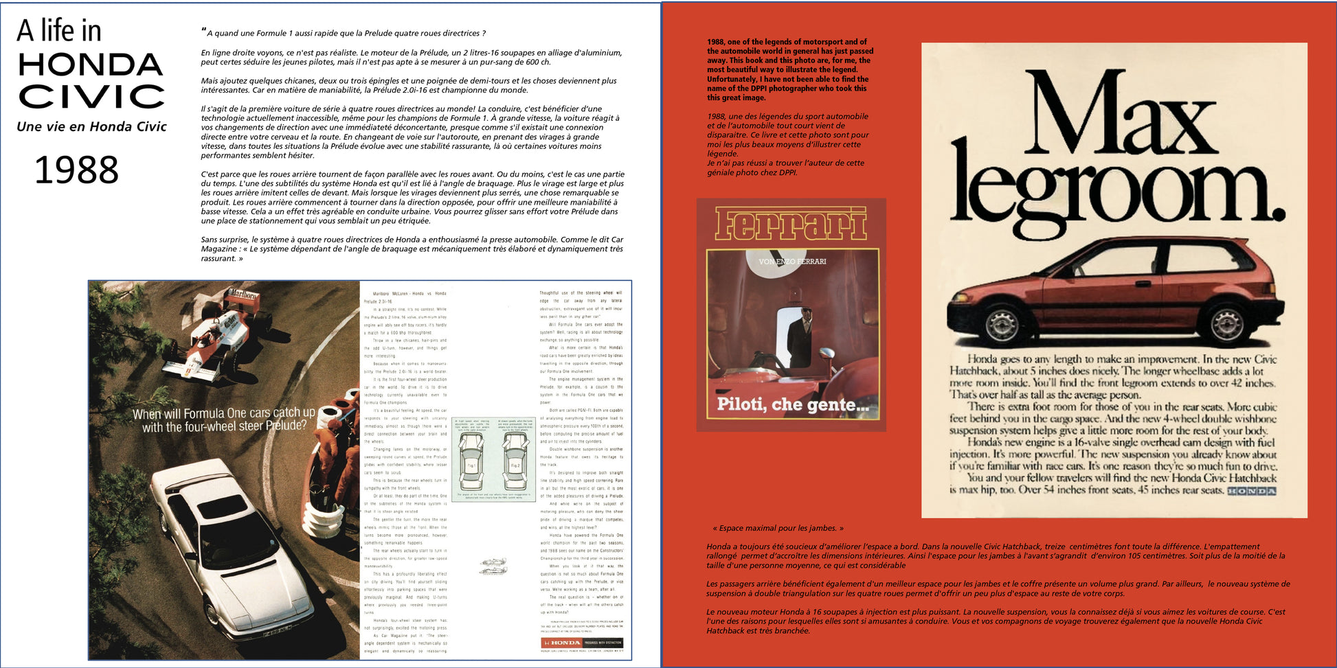 page book  a life in honda civic livre une vie en honda civic  prelude publicité f1 